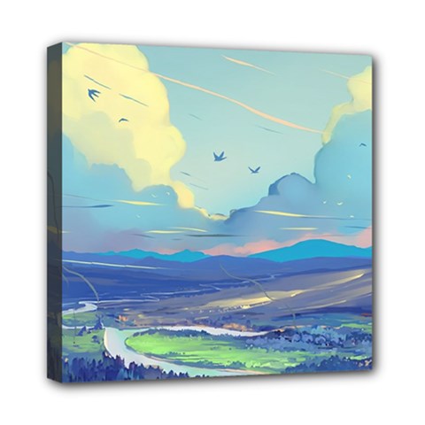Mountains And Trees Illustration Painting Clouds Sky Landscape Mini Canvas 8  X 8  (stretched) by Cendanart