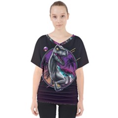 Style Dinosaur  80s Synth Retrowave V-neck Dolman Drape Top by Cendanart