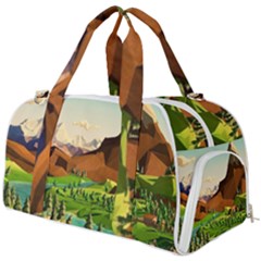 River Between Green Forest With Brown Mountain Burner Gym Duffel Bag by Cendanart