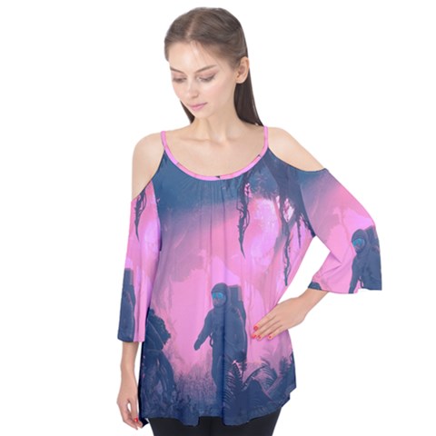 Beeple Astronaut Spacesuit 3d Digital Art Artwork Jungle Flutter Sleeve T-shirt  by Cendanart