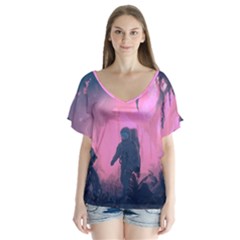 Beeple Astronaut Spacesuit 3d Digital Art Artwork Jungle V-neck Flutter Sleeve Top by Cendanart