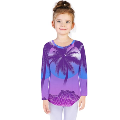 Palm Tree Vaporwave Synthwave Retro Style Kids  Long Sleeve T-shirt by Cendanart