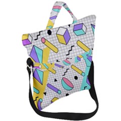 Tridimensional Pastel Shapes Background Memphis Style Fold Over Handle Tote Bag by Bedest
