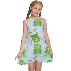 Cute Green Frogs Seamless Pattern Kids  Halter Collar Waist Tie Chiffon Dress by Bedest