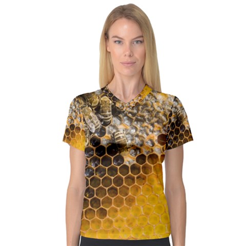 Honeycomb With Bees V-neck Sport Mesh T-shirt by Bedest