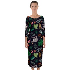 Floral Pattern With Plants Sloth Flowers Black Backdrop Quarter Sleeve Midi Bodycon Dress by Bedest