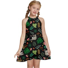Floral Pattern With Plants Sloth Flowers Black Backdrop Kids  Halter Collar Waist Tie Chiffon Dress by Bedest