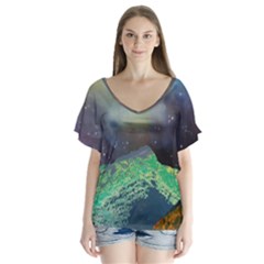 Psychedelic Universe Color Moon Planet Space V-neck Flutter Sleeve Top by Cendanart