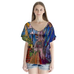 Castle Building Stained Glass V-neck Flutter Sleeve Top by Cendanart