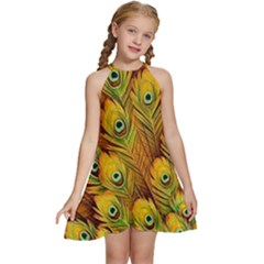 Peacock Feathers Green Yellow Kids  Halter Collar Waist Tie Chiffon Dress by Bedest