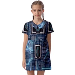 Circuit Board Motherboard Kids  Asymmetric Collar Dress by Cemarart