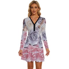 Pastel Rose Flower Blue Pink White Long Sleeve Deep V Mini Dress  by Cemarart