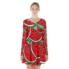 Summer Watermelon Fruit Long Sleeve Velvet V-neck Dress by Cemarart