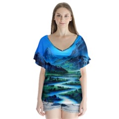 Bright Full Moon Painting Landscapes Scenery Nature V-neck Flutter Sleeve Top by Ndabl3x