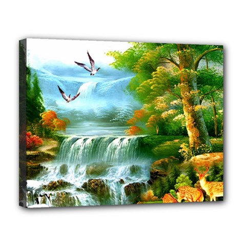 Paradise Forest Painting Bird Deer Waterfalls Canvas 14  X 11  (stretched) by Ndabl3x