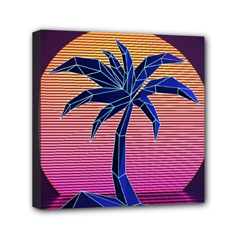 Abstract 3d Art Holiday Island Palm Tree Pink Purple Summer Sunset Water Mini Canvas 6  X 6  (stretched) by Cemarart