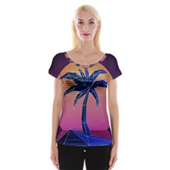 Abstract 3d Art Holiday Island Palm Tree Pink Purple Summer Sunset Water Cap Sleeve Top by Cemarart