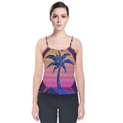 Abstract 3d Art Holiday Island Palm Tree Pink Purple Summer Sunset Water Velvet Spaghetti Strap Top by Cemarart