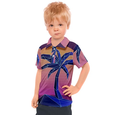 Abstract 3d Art Holiday Island Palm Tree Pink Purple Summer Sunset Water Kids  Polo T-shirt by Cemarart