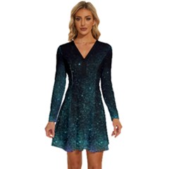 Abstract Effect Gold Led Light Pink Purple Red Long Sleeve Deep V Mini Dress  by Cemarart