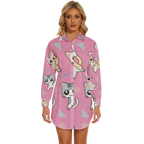 Cute Animal Little Cat Seamless Pattern Womens Long Sleeve Shirt Dress by Grandong