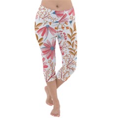 Red Flower Seamless Floral Flora Lightweight Velour Capri Yoga Leggings by Cemarart