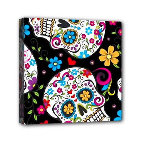 Sugar Skull Black Olorful Flower Mini Canvas 6  X 6  (stretched) by Cemarart