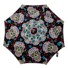 Sugar Skull Black Olorful Flower Hook Handle Umbrellas (small) by Cemarart