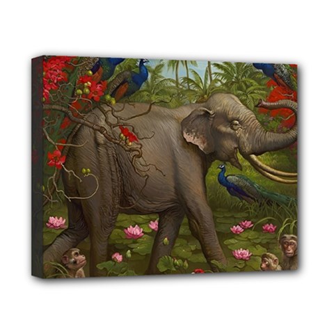 Jungle Of Happiness Painting Peacock Elephant Canvas 10  X 8  (stretched) by Cemarart