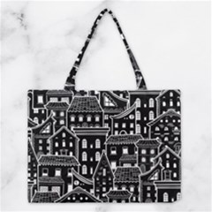Dark Seamless Pattern With Houses Doodle House Monochrome Medium Tote Bag by Cemarart