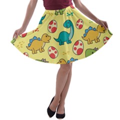 Seamless Pattern With Cute Dinosaurs Character A-line Skater Skirt by Ndabl3x