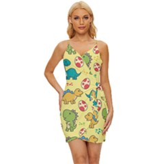 Seamless Pattern With Cute Dinosaurs Character Wrap Tie Front Dress by Ndabl3x