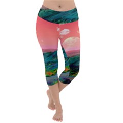 Unicorn Valley Aesthetic Clouds Landscape Mountain Nature Pop Art Surrealism Retrowave Lightweight Velour Capri Yoga Leggings by Cemarart