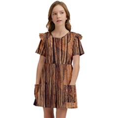 Brown Wooden Texture Kids  Frilly Sleeves Pocket Dress by nateshop