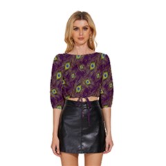 Feathers, Peacock, Patterns, Colorful Mid Sleeve Drawstring Hem Top by nateshop