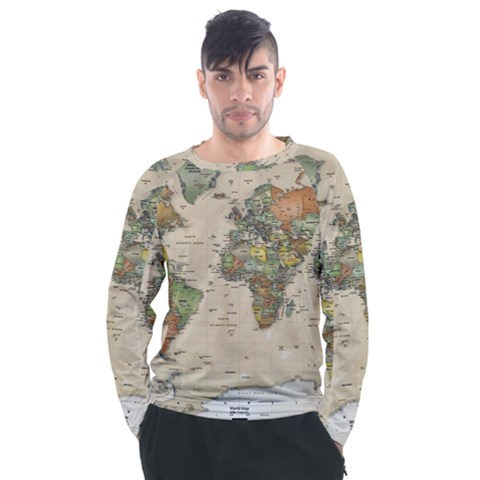 Vintage World Map Aesthetic Men s Long Sleeve Raglan T-shirt by Cemarart