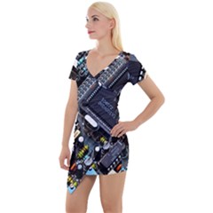 Motherboard Board Circuit Electronic Technology Short Sleeve Asymmetric Mini Dress by Cemarart