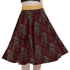 Vintage Dragon Chinese New Year Red A-line Full Circle Midi Skirt With Pocket by DimSum