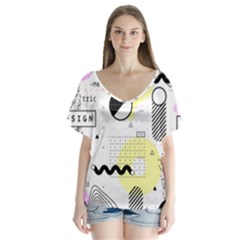 Graphic Design Geometric Background V-neck Flutter Sleeve Top by Grandong