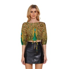 Peacock Feather Bird Peafowl Mid Sleeve Drawstring Hem Top by Cemarart