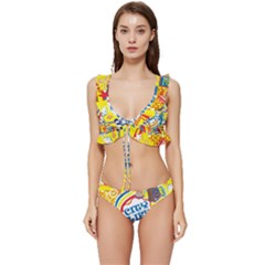 Colorful City Life Horizontal Seamless Pattern Urban City Low Cut Ruffle Edge Bikini Set by Bedest