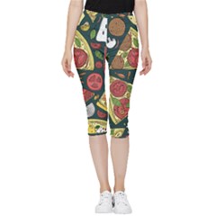 Seamless Pizza Slice Pattern Illustration Great Pizzeria Background Inside Out Lightweight Velour Capri Leggings  by Cemarart