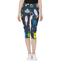 Big Set Cute Astronauts Space Planets Stars Aliens Rockets Ufo Constellations Satellite Moon Rover Inside Out Lightweight Velour Capri Leggings  by Cemarart