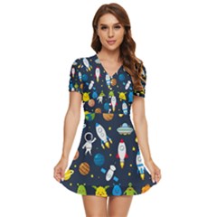 Big Set Cute Astronauts Space Planets Stars Aliens Rockets Ufo Constellations Satellite Moon Rover V-neck High Waist Chiffon Mini Dress by Cemarart
