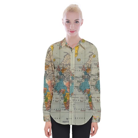 Vintage World Map Womens Long Sleeve Shirt by Proyonanggan