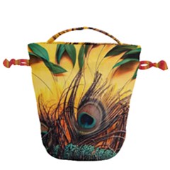 Sunset Illustration Water Night Sun Landscape Grass Clouds Painting Digital Art Drawing Drawstring Bucket Bag by Cemarart