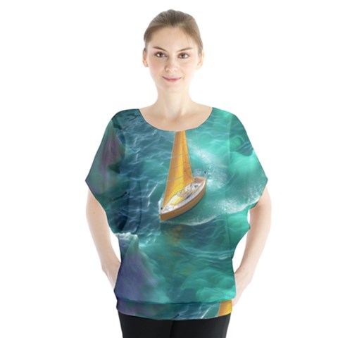 Mountain Birds River Sunset Nature Batwing Chiffon Blouse by Cemarart