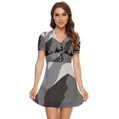 Mountain Wolf Tree Nature Moon V-neck High Waist Chiffon Mini Dress by Cemarart
