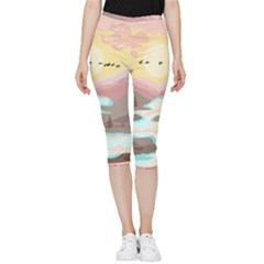 Mountain Birds River Sunset Nature Inside Out Lightweight Velour Capri Leggings  by Cemarart