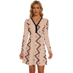 Print Pattern Minimal Tribal Long Sleeve Deep V Mini Dress  by Cemarart
